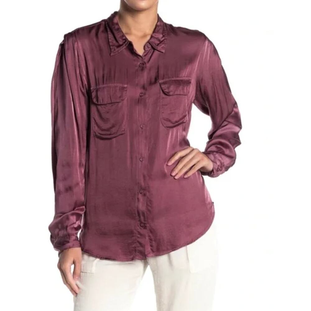 Young, Fabulous & Broke Susan Satin Button Down Shirt Plum Womens Large